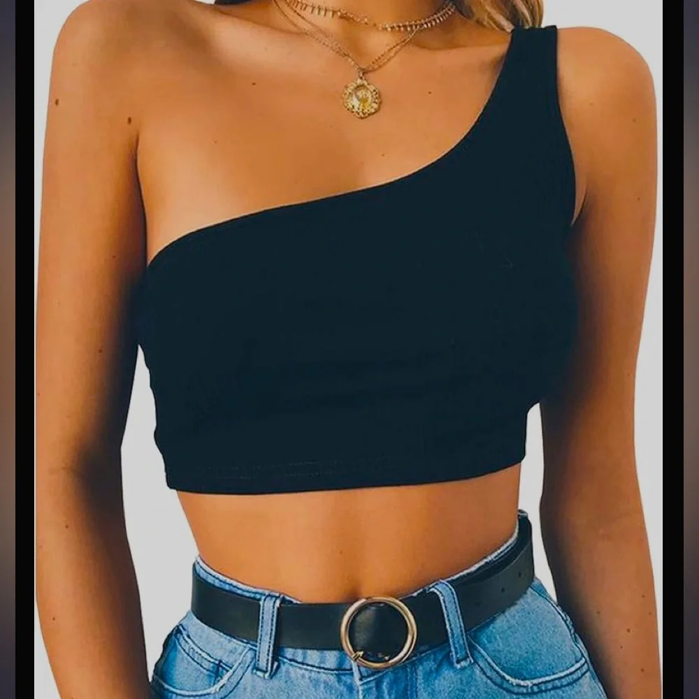 NWOT Minclouse Women's One Shoulder Sleeveless Crop Tops Summer Tank Tees - Picture 2 of 9